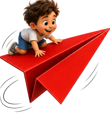 Doodle boy climbing onto the paper airplane